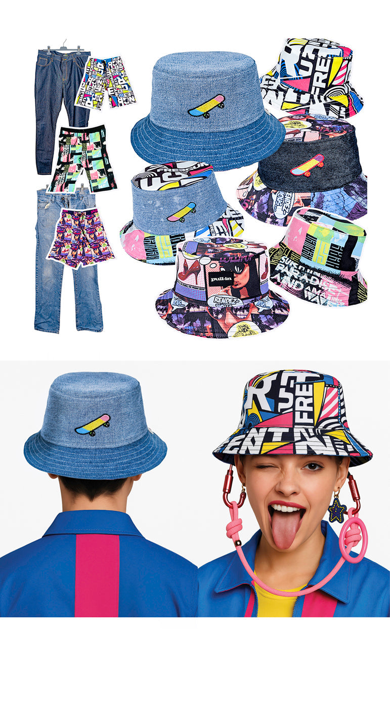 Skateboard Street Style Reversible Bucket Hats – Upcycled Denim & Swim Shorts | EyeLoveLu