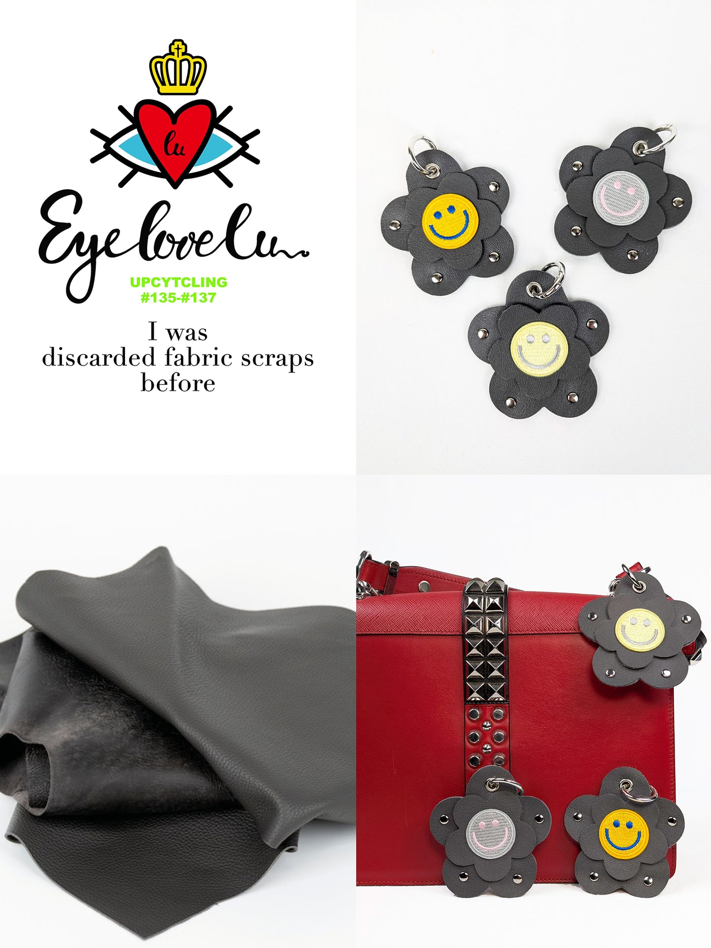 EyeLoveLu Handmade Smiley Flower Bag Charm / Key Ring - Upcycled Fabric