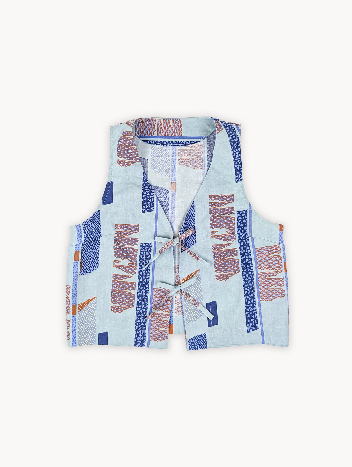 Gilet court bleu à nouer sur le devant, motif géométrique, Pre-EyeLoveLu – Fabriqué à la main à partir d'un drap en coton vintage recyclé