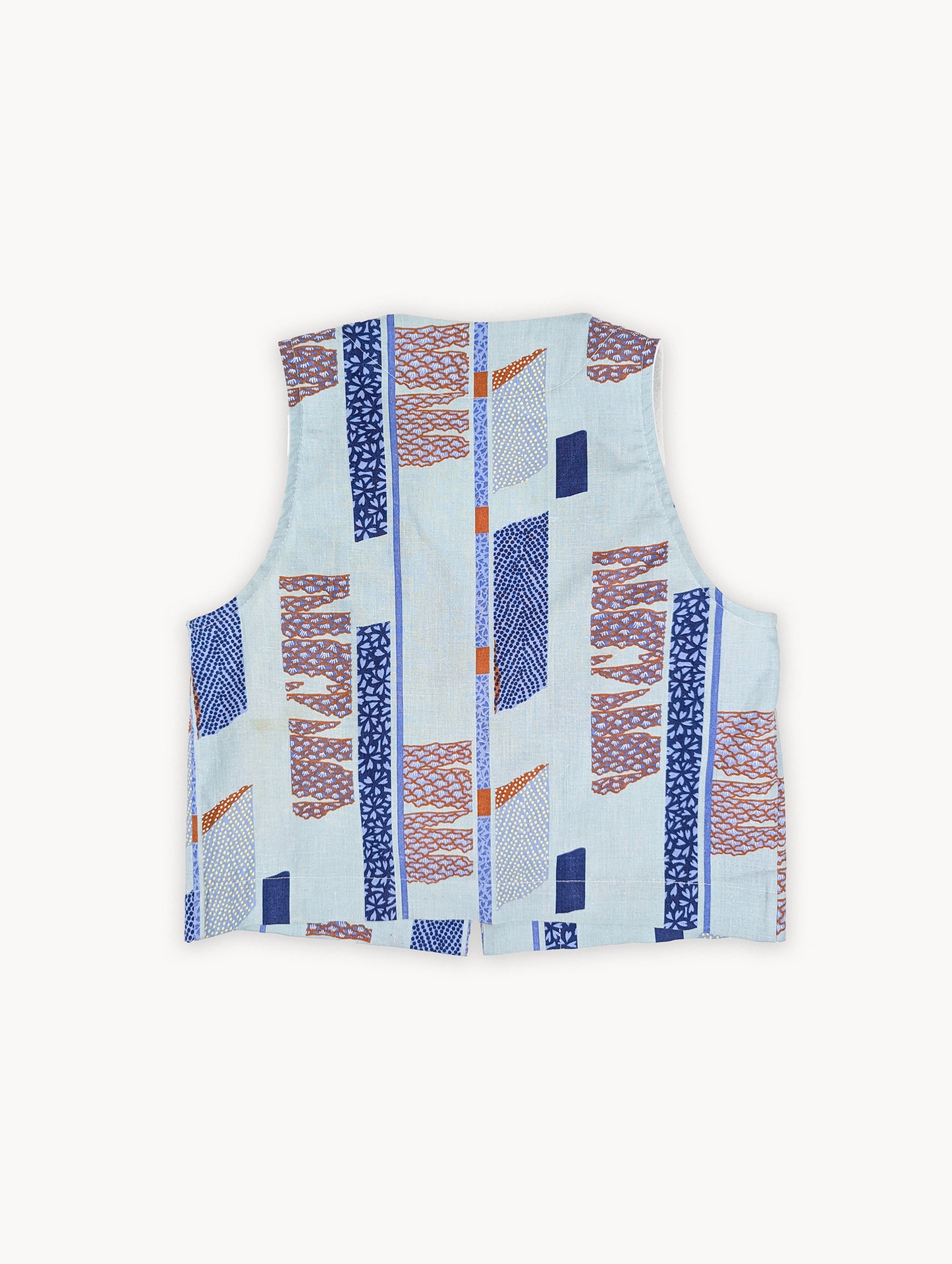 Gilet court bleu à nouer sur le devant, motif géométrique, Pre-EyeLoveLu – Fabriqué à la main à partir d'un drap en coton vintage recyclé