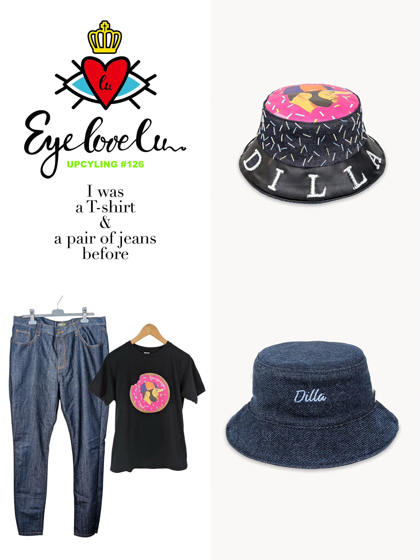 JDilla Donut Reversible Bucket Hat - Upcycled T-shirt & jeans | EyeLoveLu