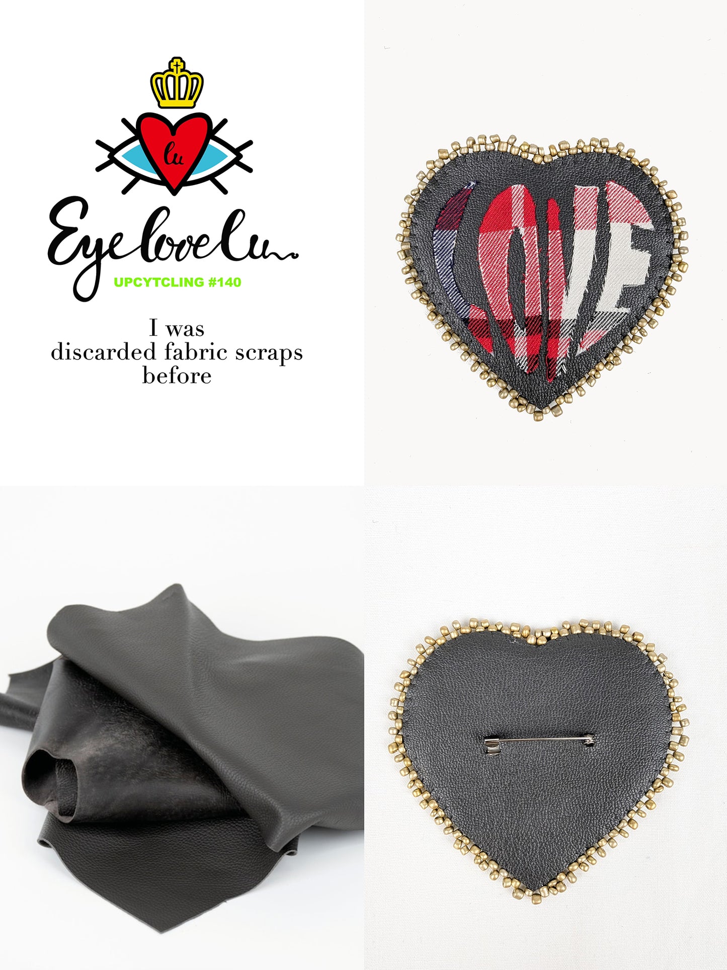 EyeLoveLu Hand-Beaded "LOVE" Pin - Upcycled Fabric