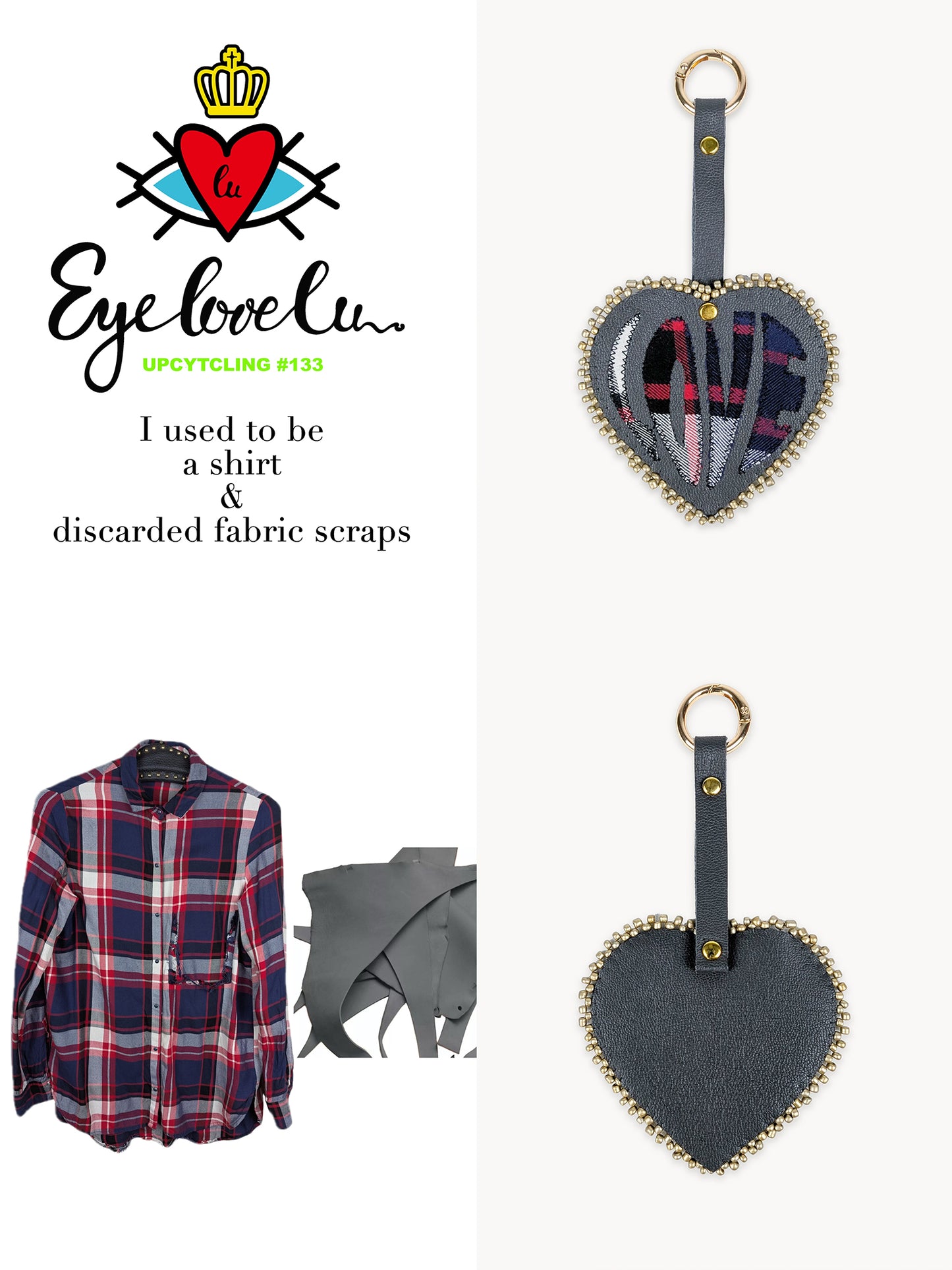 EyeLoveLu Hand-Beaded "LOVE" Keychain Bag Charm - Upcycled Shirt & Fabric Scraps