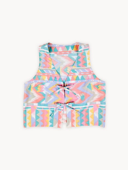 Gilet court à nouer sur le devant, motif aztèque pastel Pre-EyeLoveLu – Fait main à partir d'un drap en coton vintage recyclé