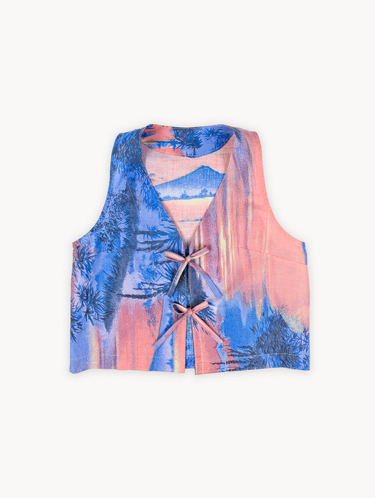 Gilet court noué sur le devant Pre-EyeLoveLu Sunset Landscape – Fait main à partir d'un drap en coton vintage recyclé