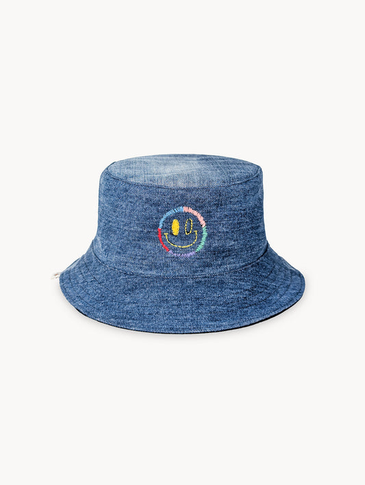 Chapeau bob réversible EyeLoveLu Smiley Face – Broderie main, denim recyclé
