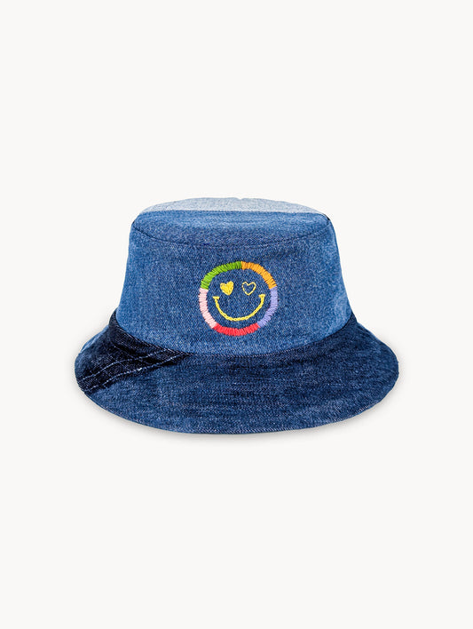 Chapeau bob réversible EyeLoveLu Smiley Face – Broderie main, denim recyclé