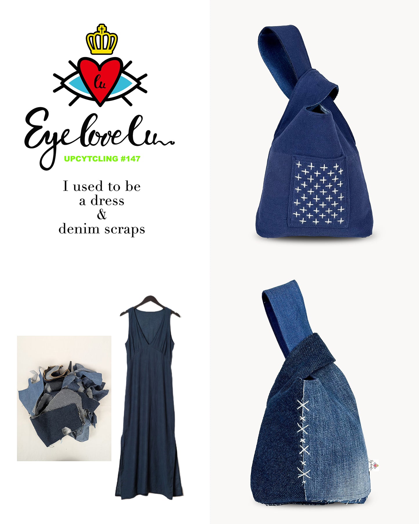 EyeLoveLu Reversible Hand Bag -  Handmade From Upcycled Dress & Denim Scraps