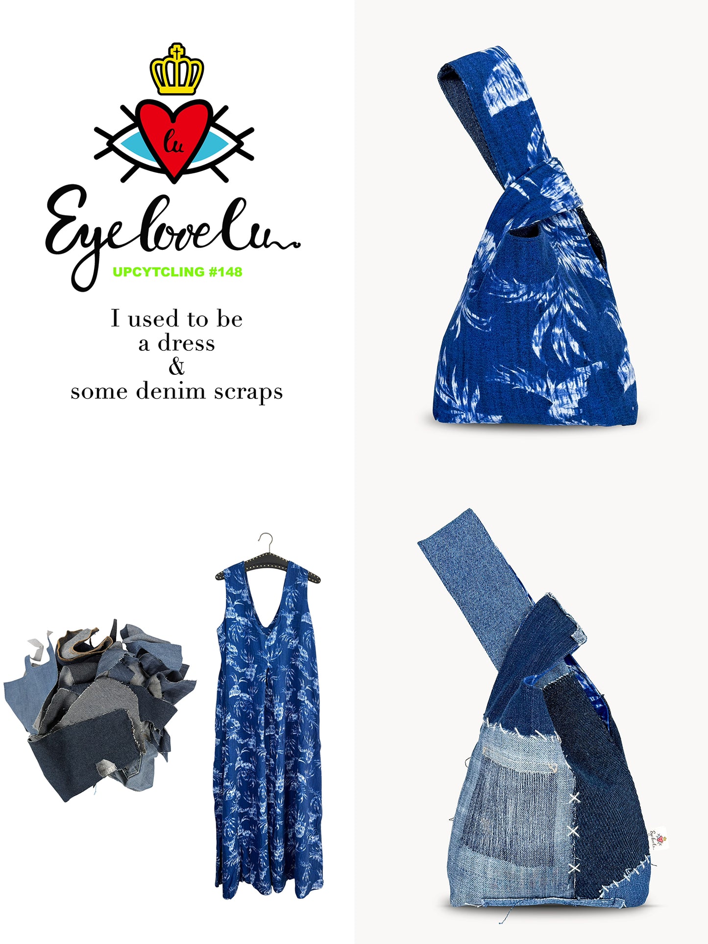 EyeLoveLu Reversible Hand Bag -  Handmade From Upcycled Dress & Denim Scraps