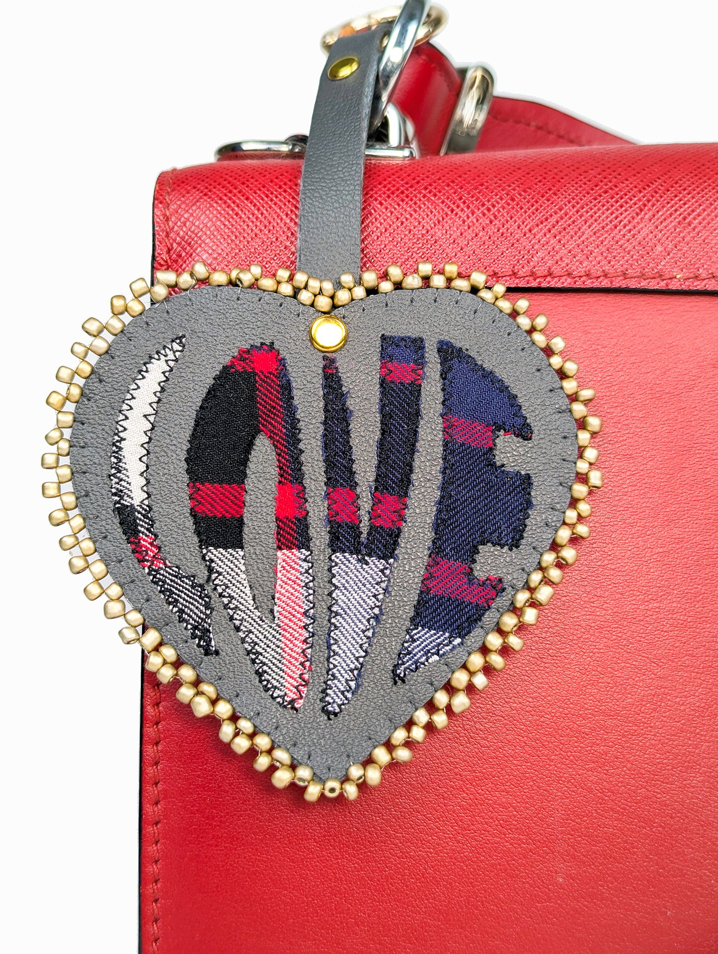 EyeLoveLu Hand-Beaded "LOVE" Keychain Bag Charm - Upcycled Shirt & Fabric Scraps