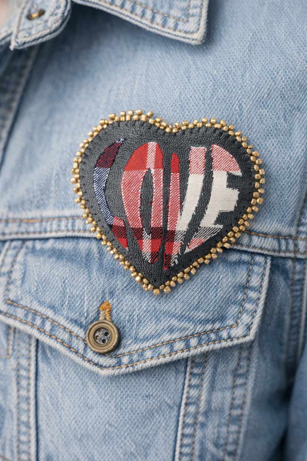 EyeLoveLu Hand-Beaded "LOVE" Pin - Upcycled Fabric