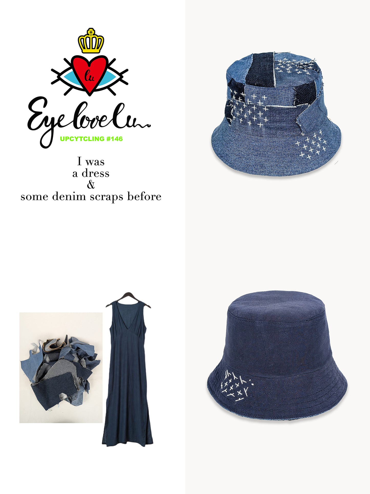 EyeLoveLu Reversible Bucket Hat -  Handmade From Upcycled Dress & Denim Scraps